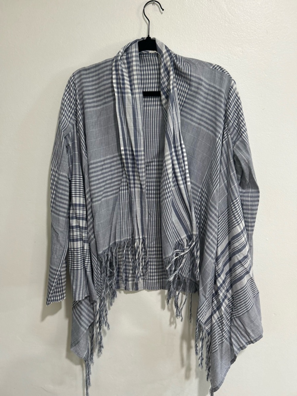Blue and White Plaid Fringe Open Front Cover Up